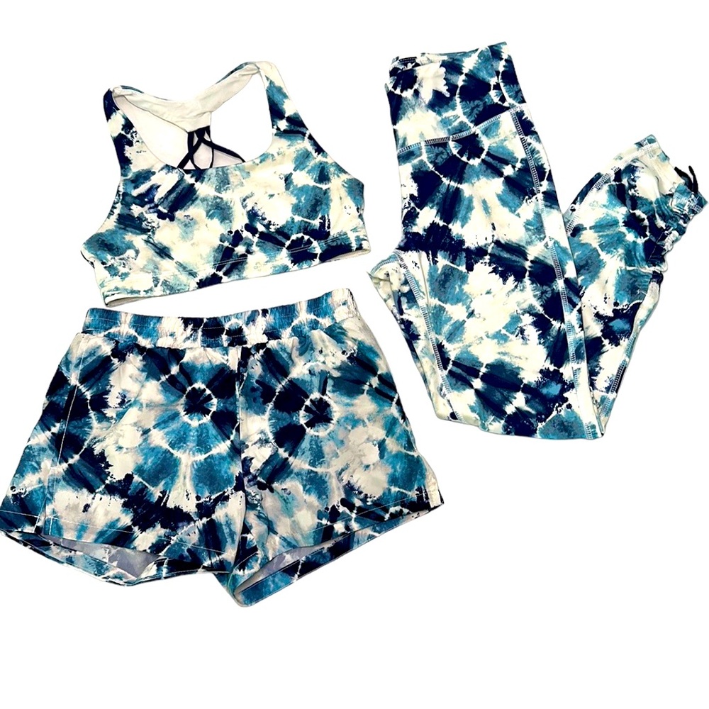 Old Navy Active | Blue & White Tie-Dye Sports Bra, Shorts & Leggings | Size L